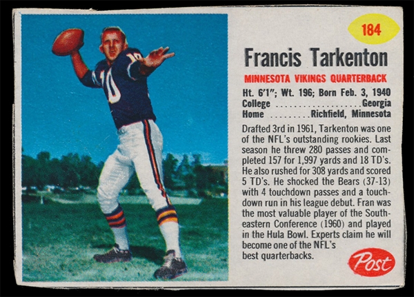 FB 62P #184 Francis Tarkenton Rookie